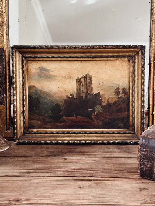 Original 19th Century Antique European Oil Painting, Castle Scene