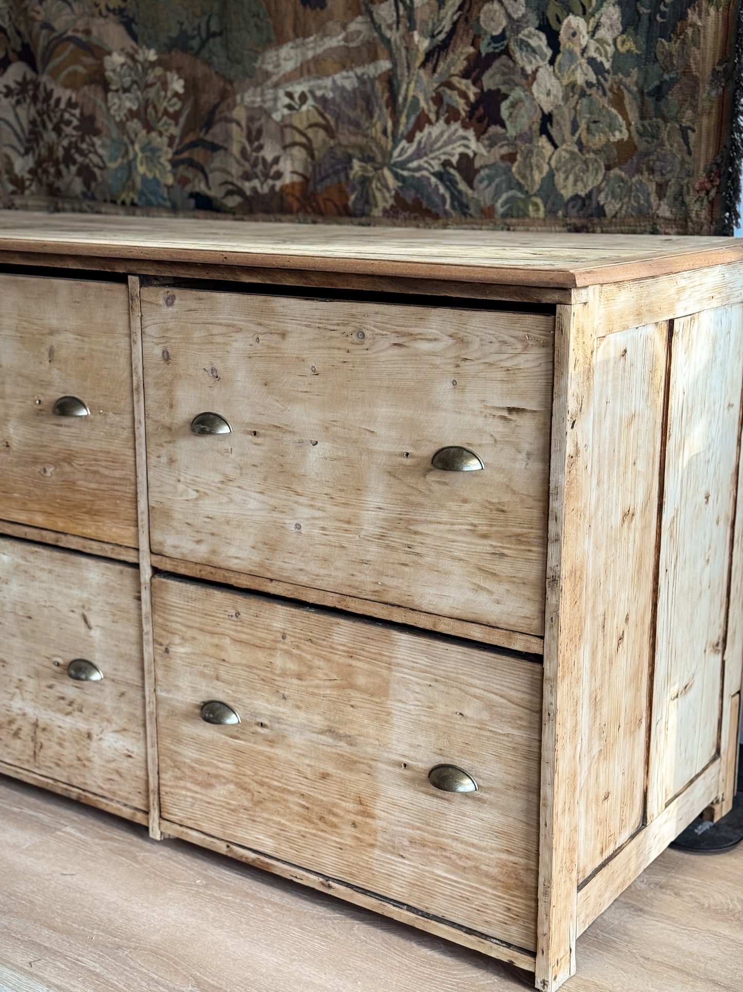 Monumental Antique English Pine Bank of Drawers/Sideboard