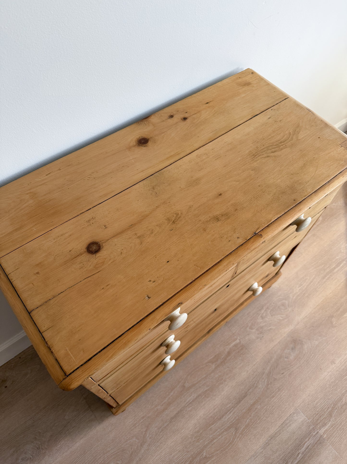 Antique English Pine Dresser with Porcelain Knobs, Two over Two Drawer