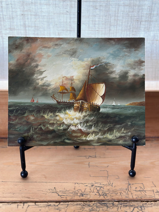 Vintage Original European Oil on Board, Ships at Sea