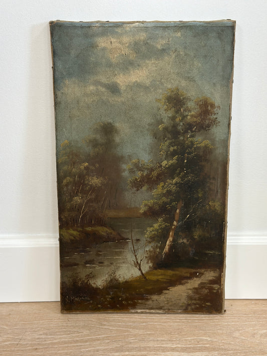 Antique European Oil Painting on Canvas, Country River Scene