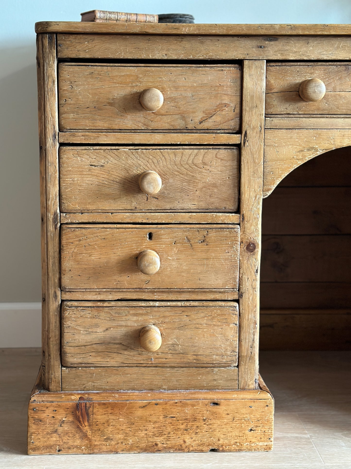 Large Antique English Pine Pedestal Desk