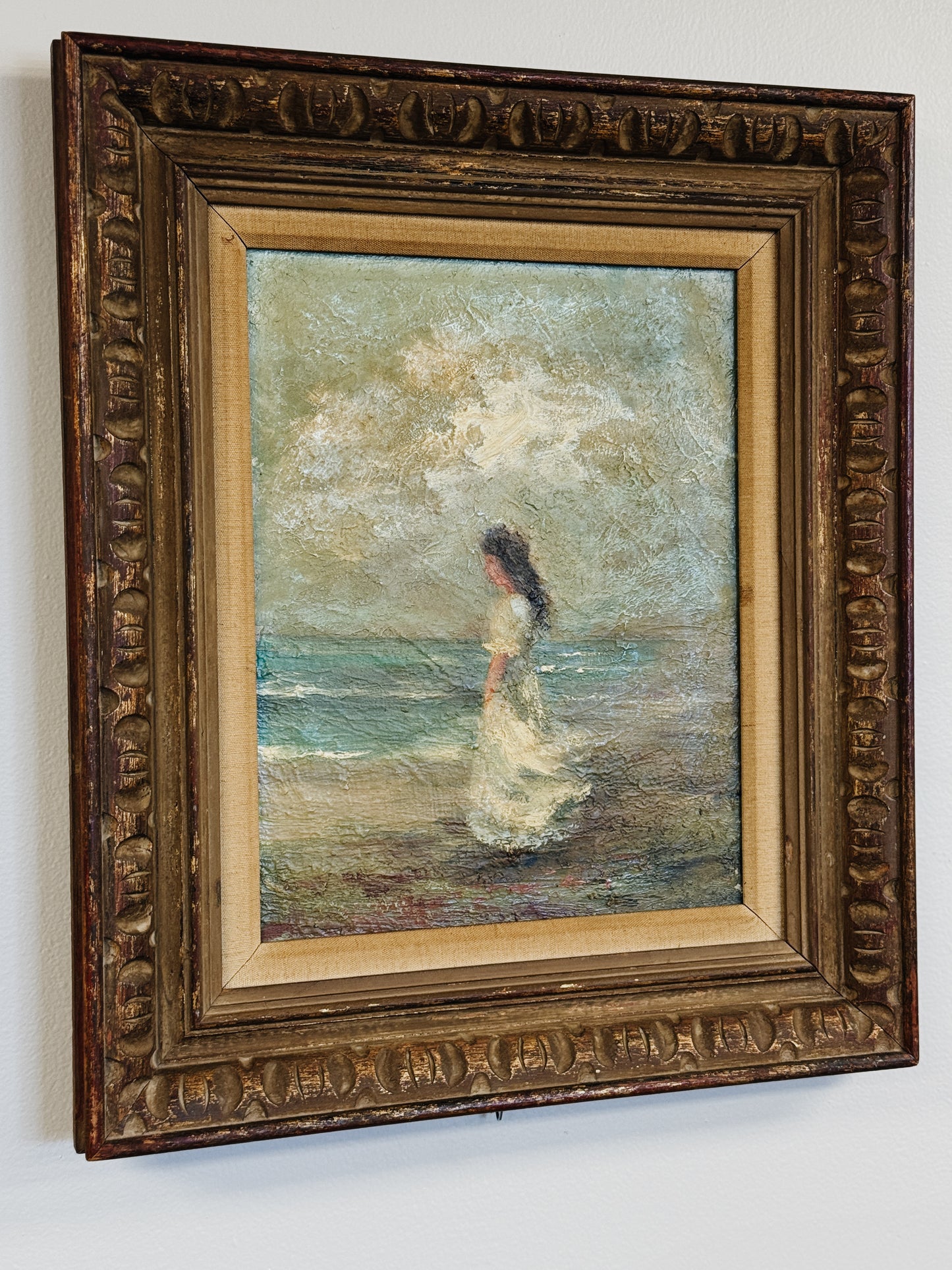 Original Vintage Oil Painting on Board, Woman by Sea