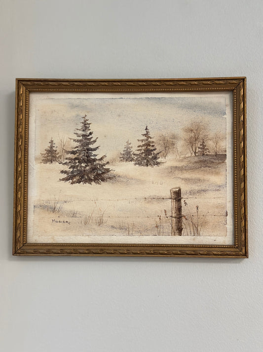 Original Vintage Watercolor Painting, Winter Scene