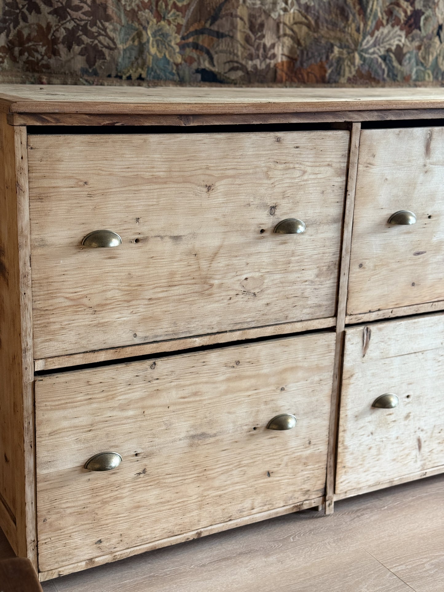 Monumental Antique English Pine Bank of Drawers/Sideboard