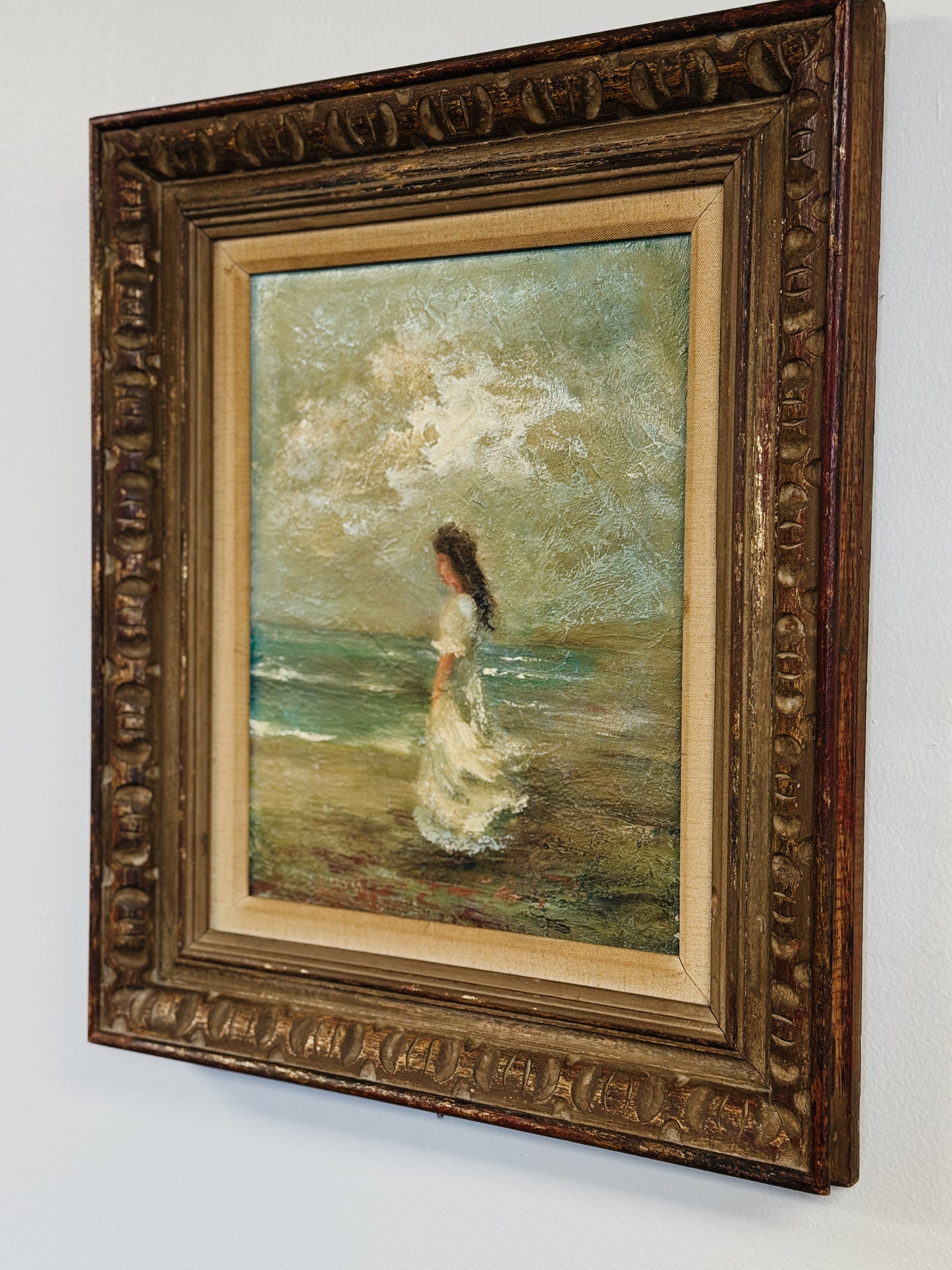 Original Vintage Oil Painting on Board, Woman by Sea