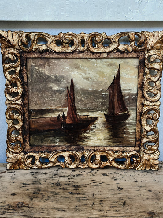 Antique Painting, Sailboats at Sea