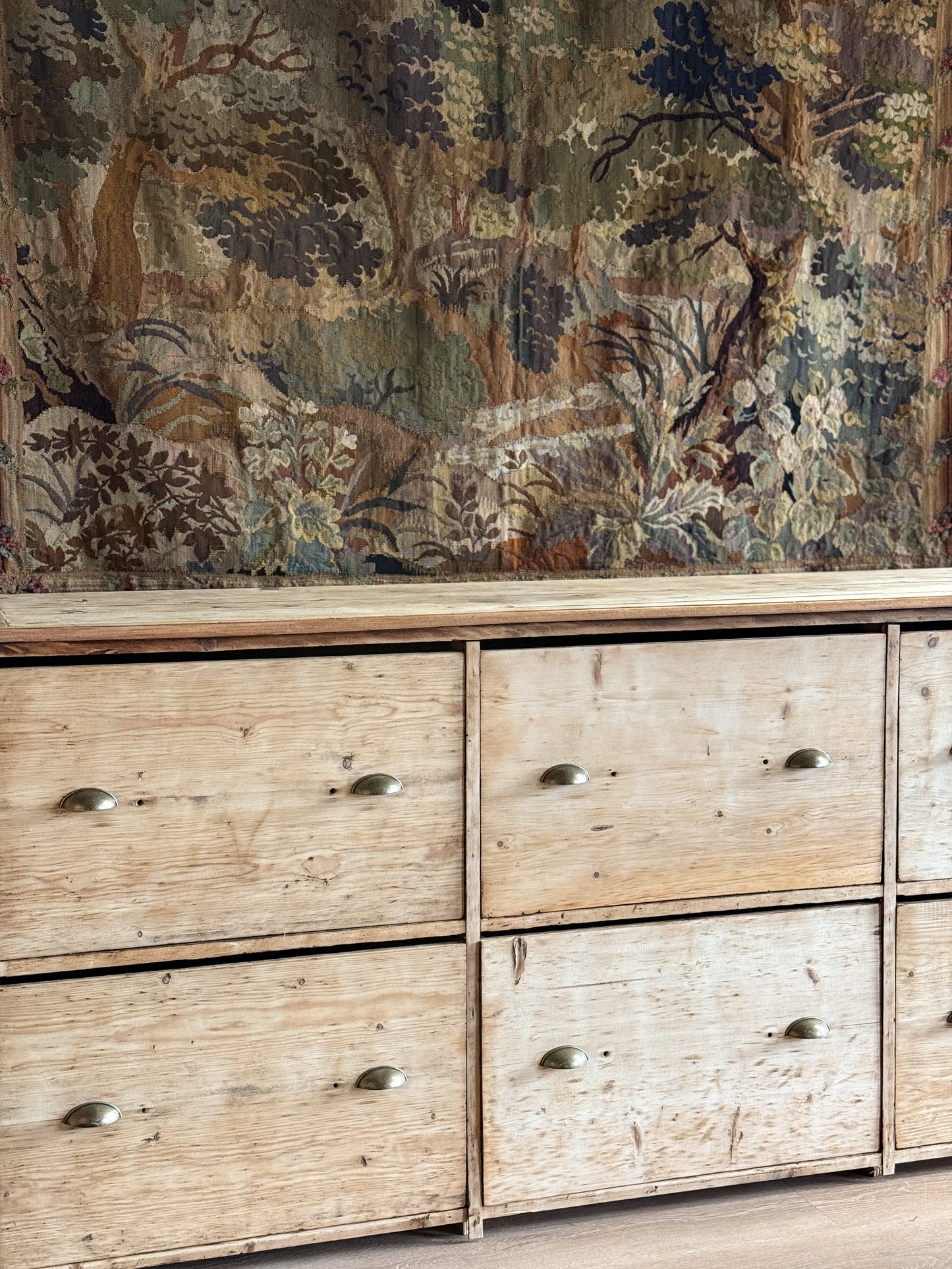 Monumental Antique English Pine Bank of Drawers/Sideboard