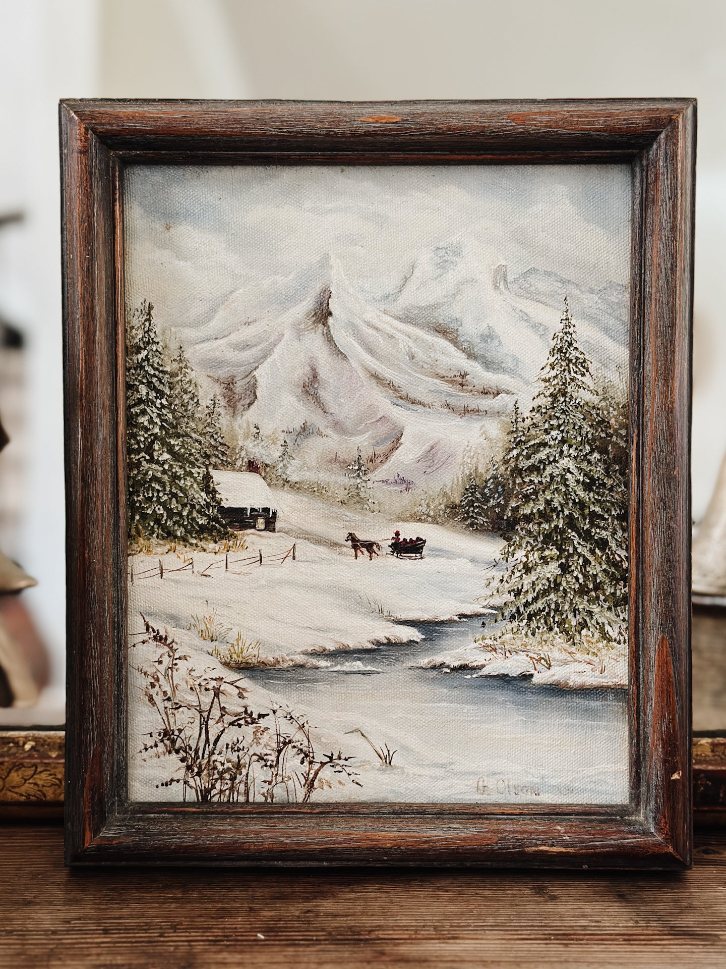 Vintage Original Oil Painting, Winter Moutain Scene