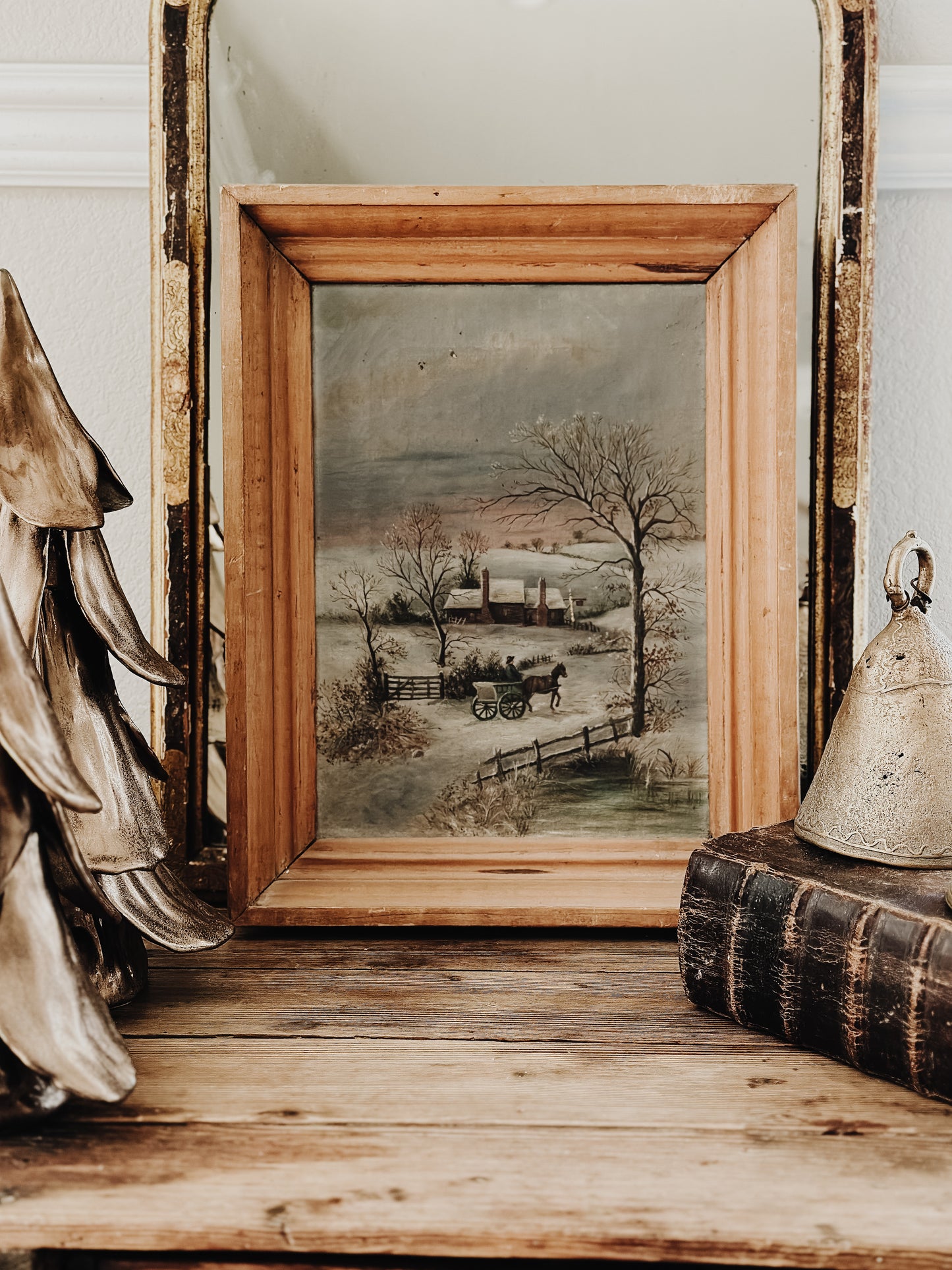 Original Antique Oil Painting, Winter Sleigh Scene