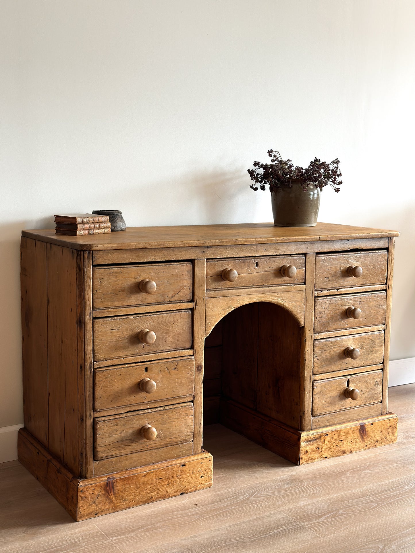 Large Antique English Pine Pedestal Desk