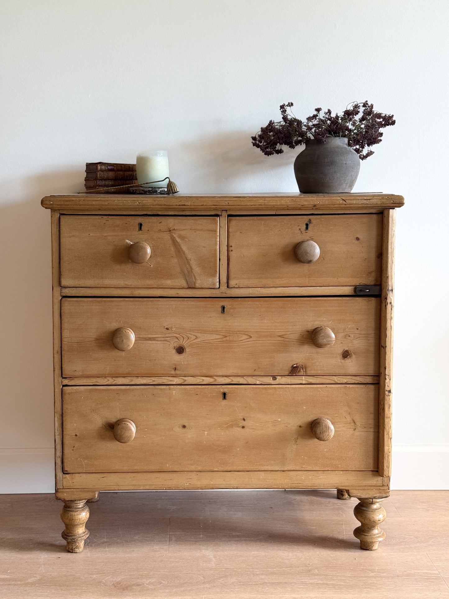 Antique English Pine Dresser, Two over Two Drawer with Hinge Lock