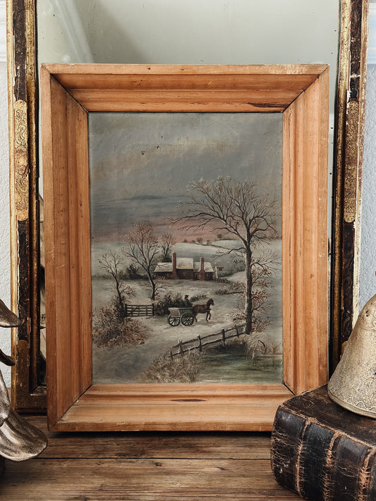 Original Antique Oil Painting, Winter Sleigh Scene