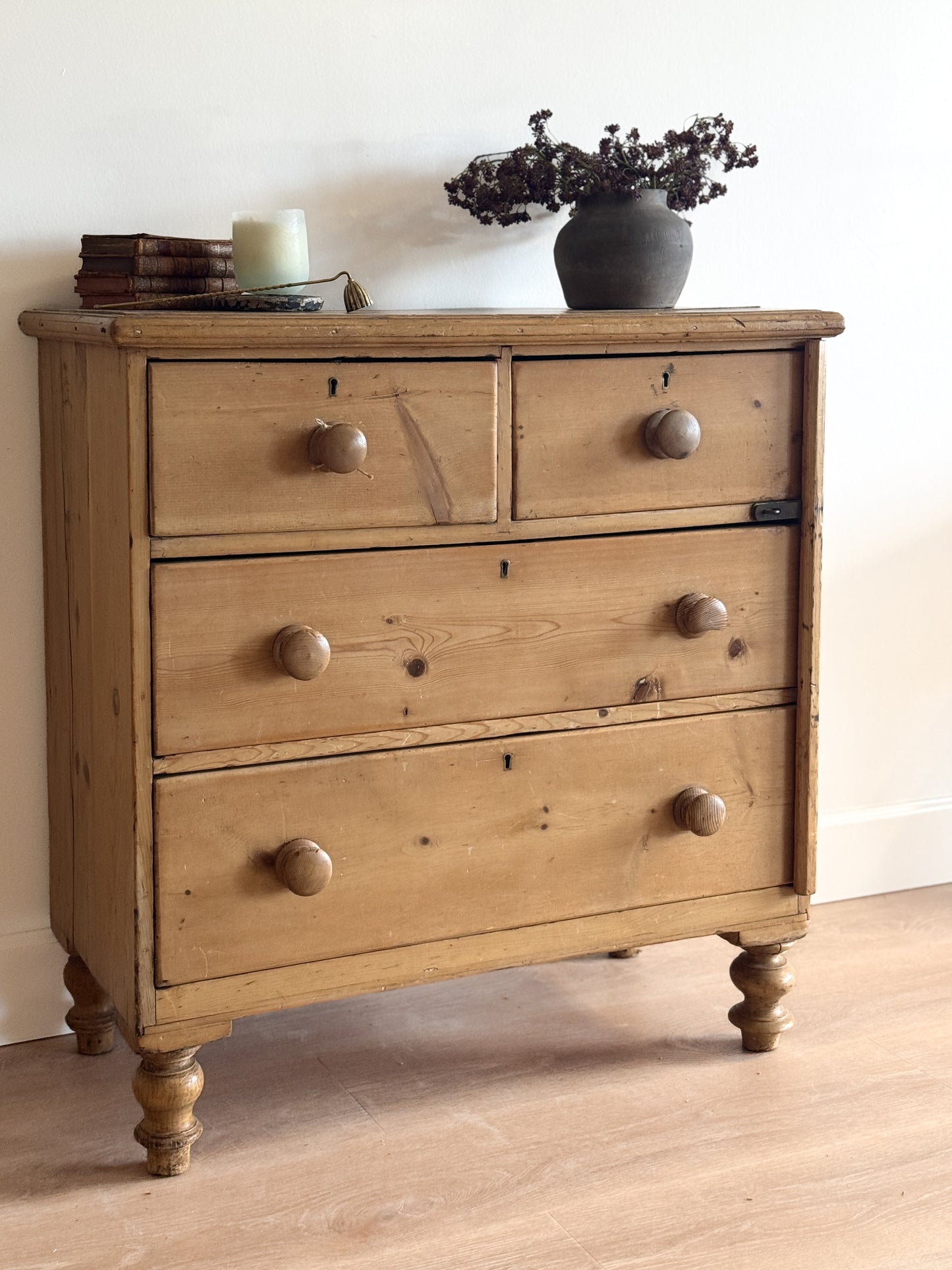 Antique English Pine Dresser, Two over Two Drawer with Hinge Lock