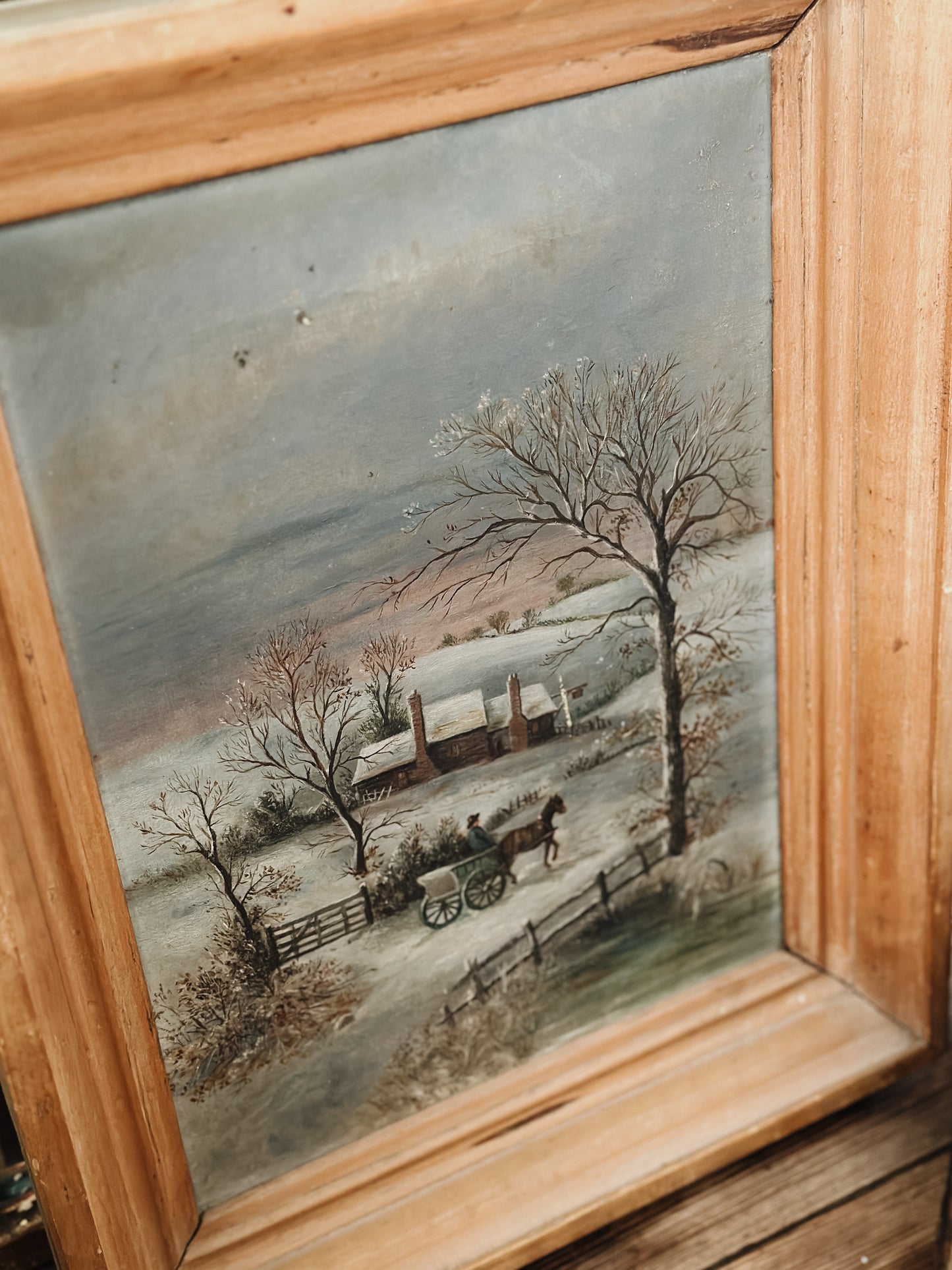 Original Antique Oil Painting, Winter Sleigh Scene