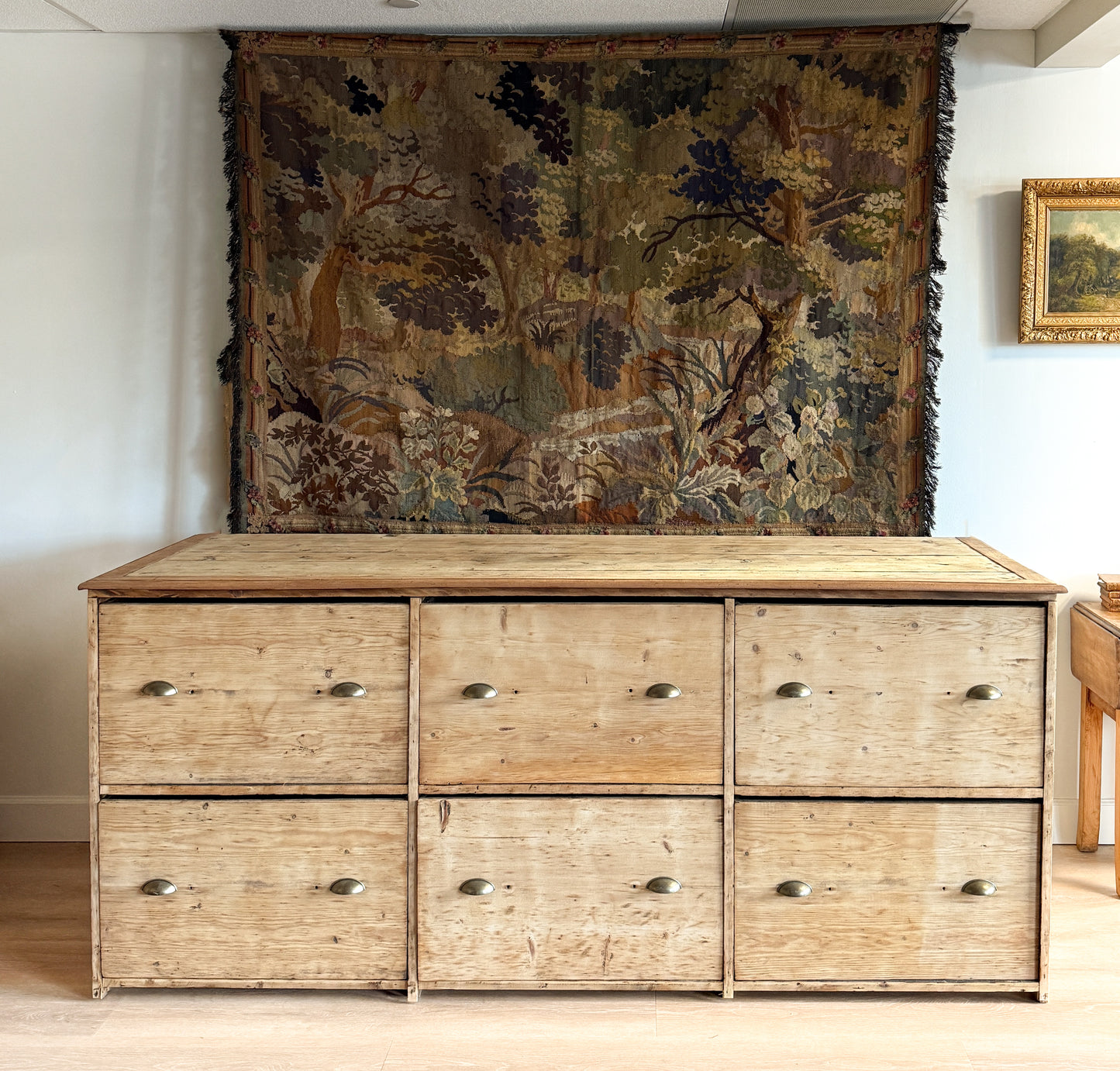 Monumental Antique English Pine Bank of Drawers/Sideboard