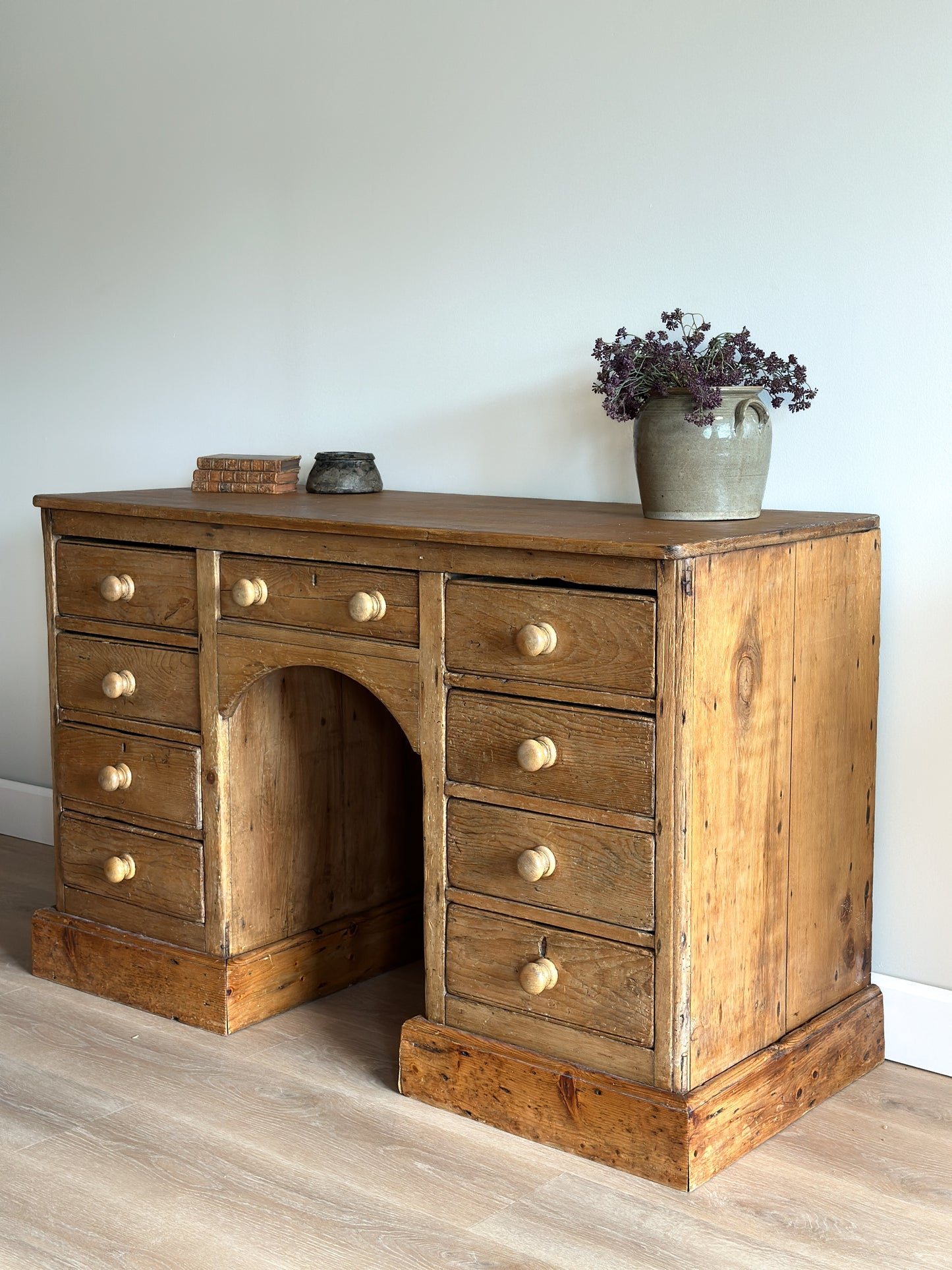 Large Antique English Pine Pedestal Desk