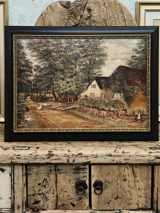 Original Antique European Oil Painting, Cottage by Stream (1898)