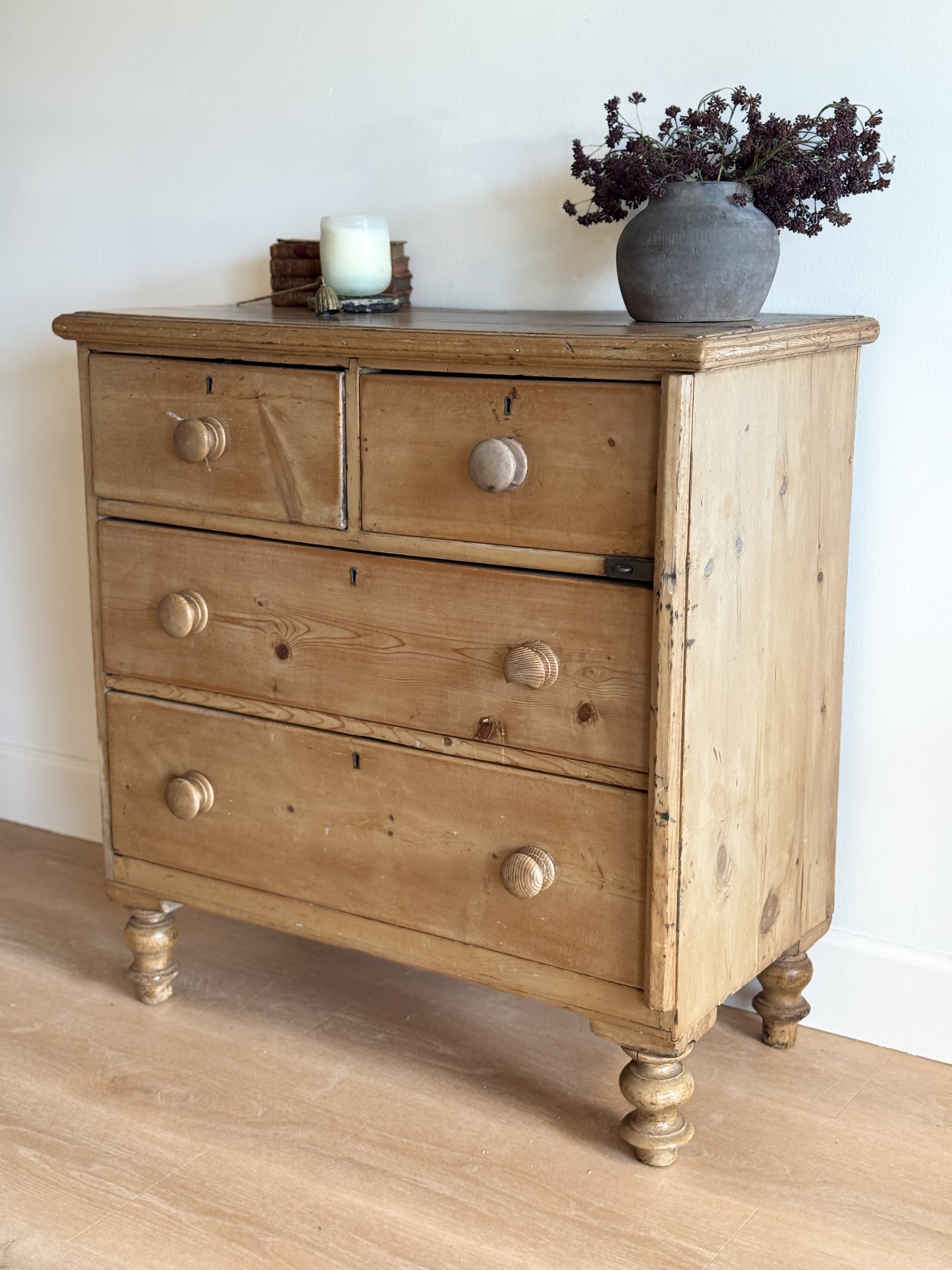 Antique English Pine Dresser, Two over Two Drawer with Hinge Lock