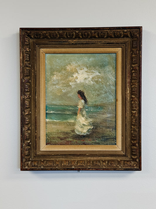 Original Vintage Oil Painting on Board, Woman by Sea