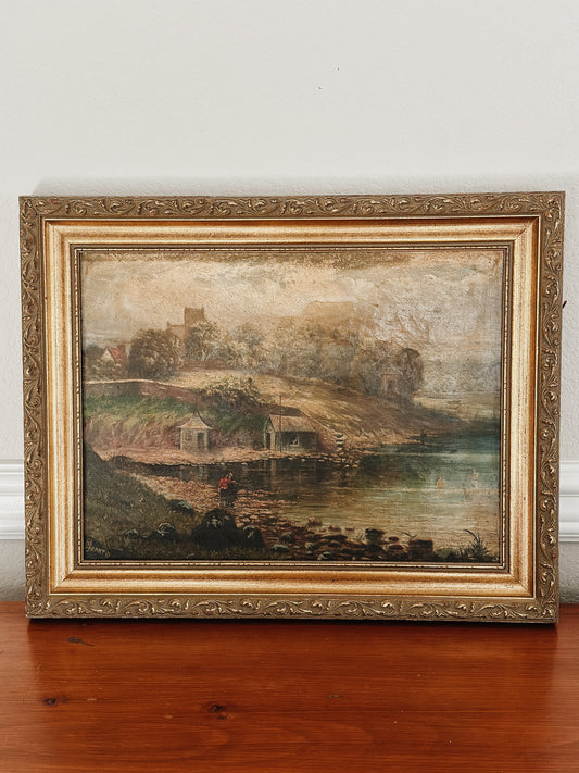 Original Antique Oil Painting, Moody River Landscape by Grant c.1891