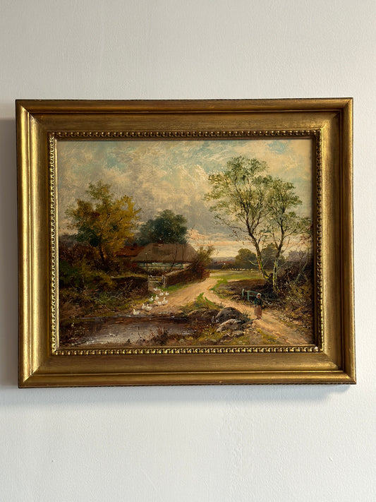 19th Century Original British Oil Painting, Geese/Ducks by a Cottage Pond, Joseph Thors