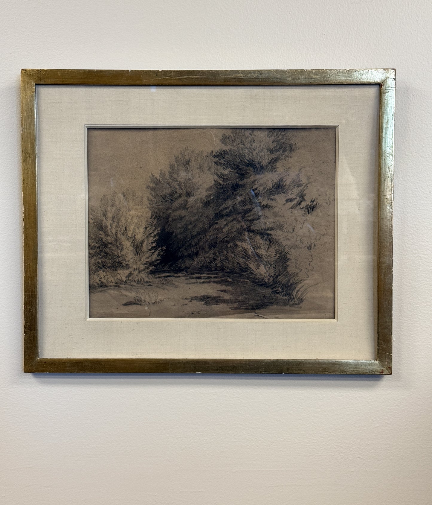 Antique Framed Sketch, Lush Landscape