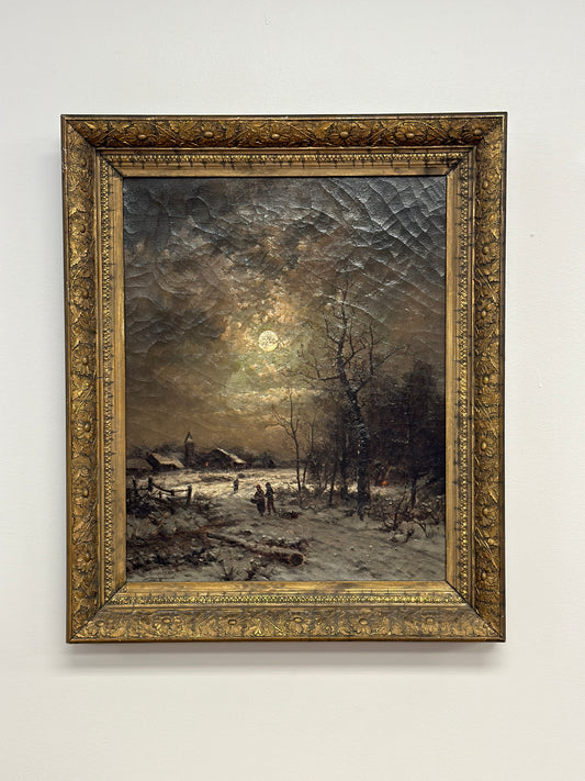 Original Antique German Oil Painting, Moody Winter Landscape by B. Kreutzet