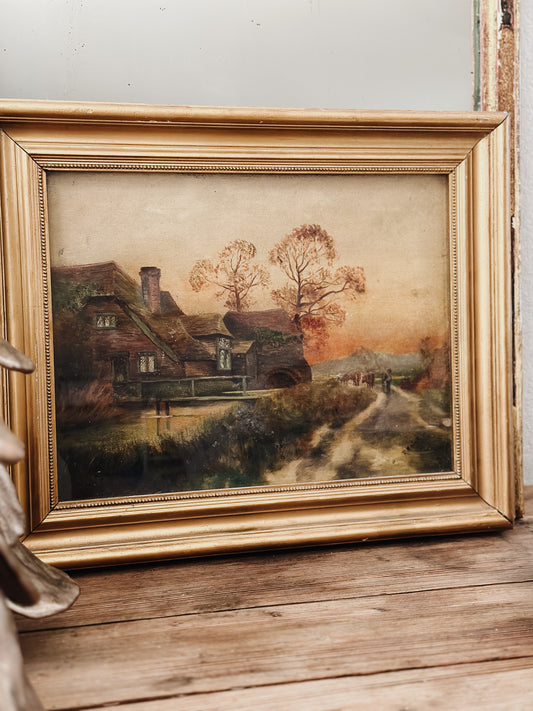 Original Antique European Oil Painting, Rural Cottage Scene by R.Nolde