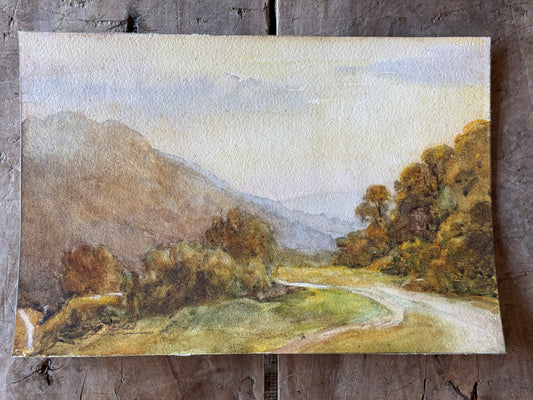 Antique Original English Watercolor Painting, Country Road