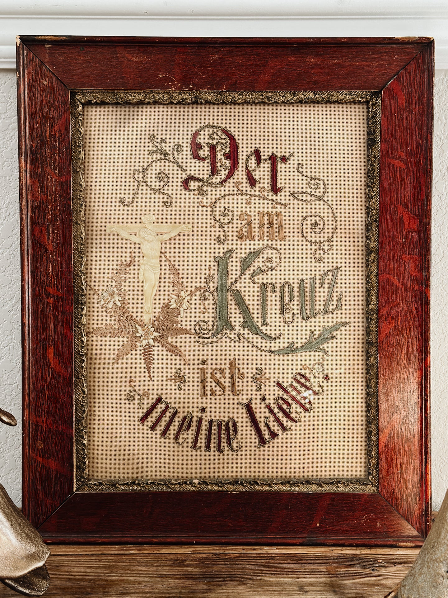 Antique German Christmas Framed Embroidery