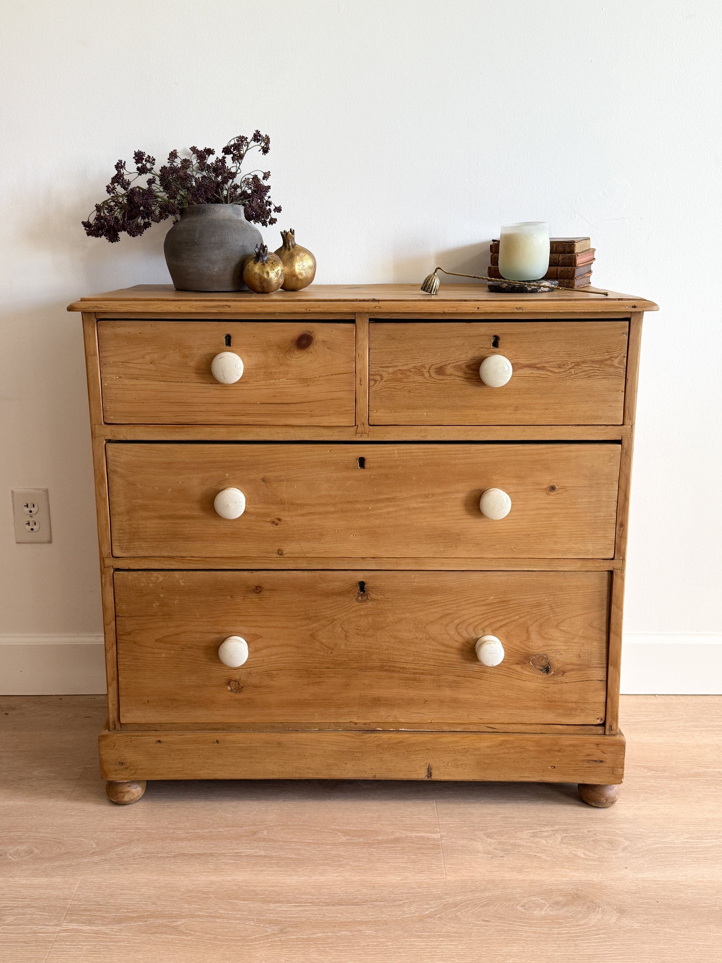 Antique English Pine Dresser with Porcelain Knobs, Two over Two Drawer