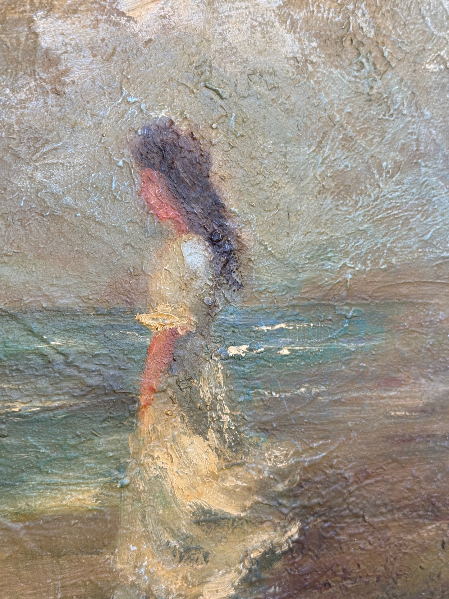 Original Vintage Oil Painting on Board, Woman by Sea