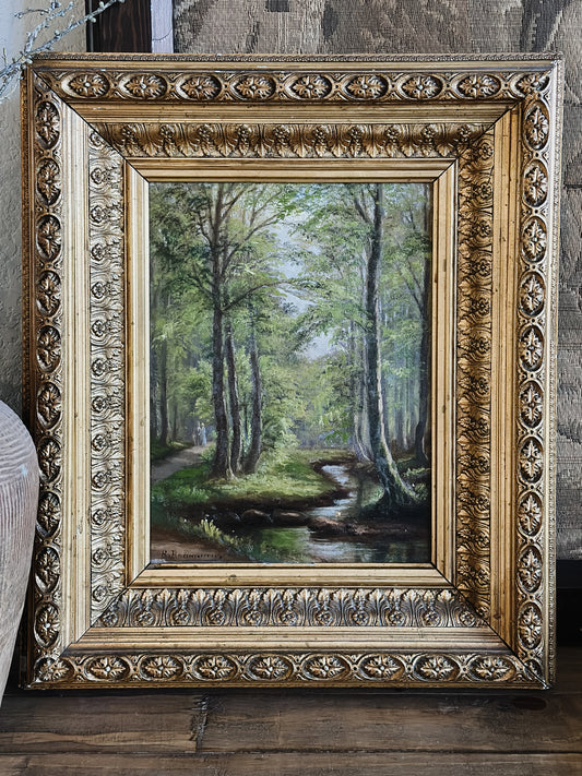 Original Antique Danish Oil Painting, Forest Landscape by R.Rasmussen