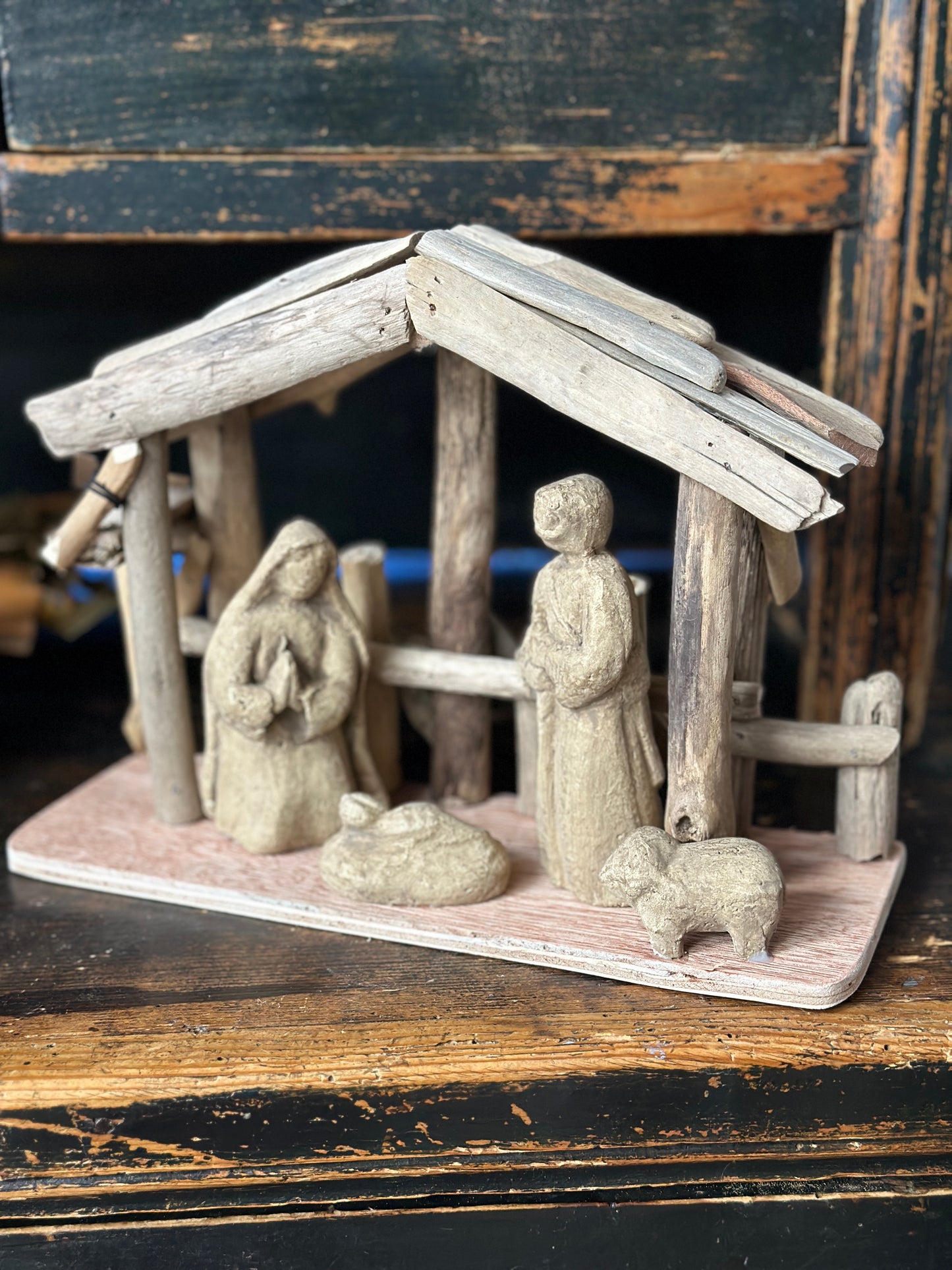 Handmade Driftwood and Paper Mache Nativity