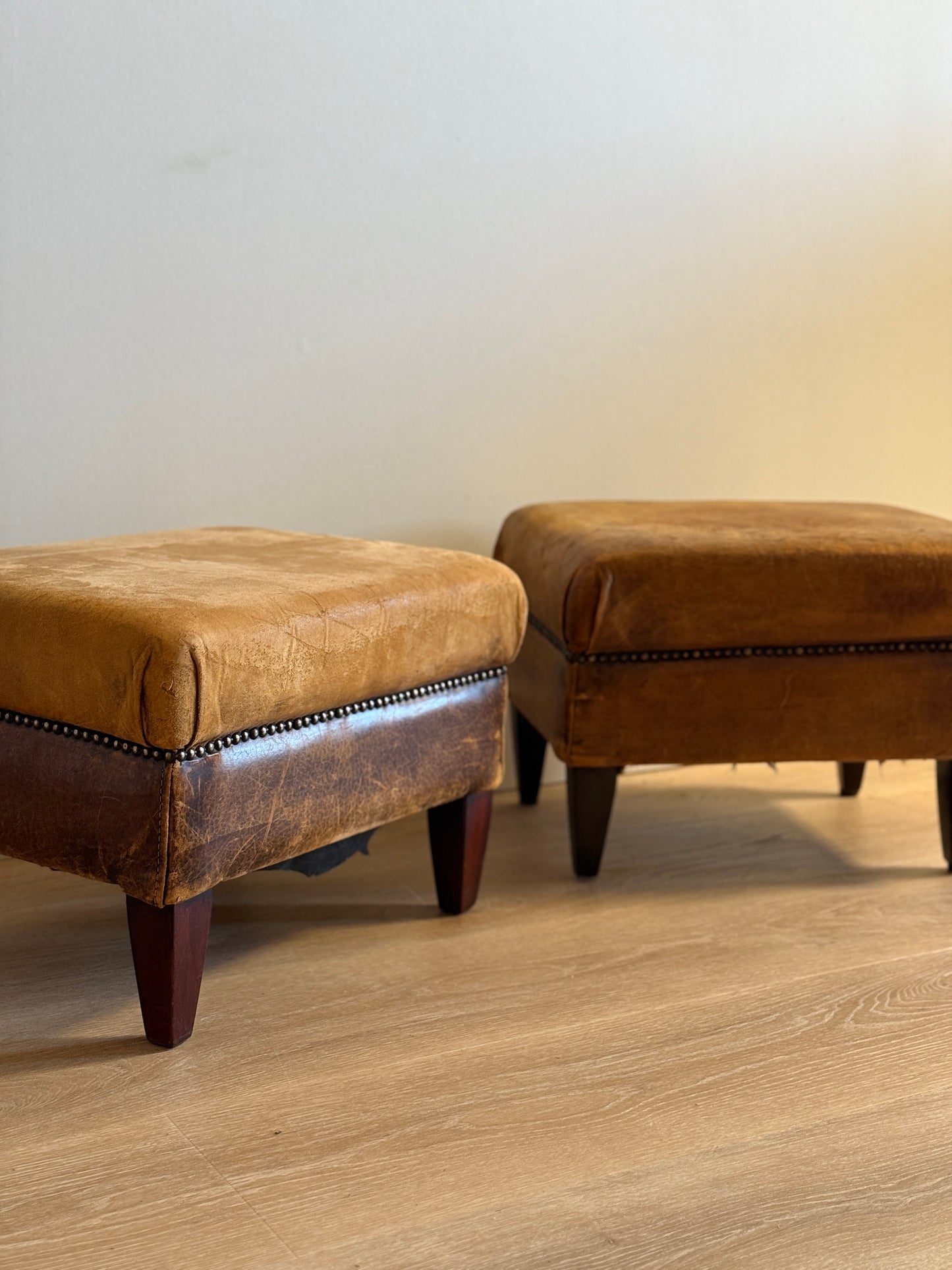 Set of Vintage Dutch Leather Ottomans/Stools