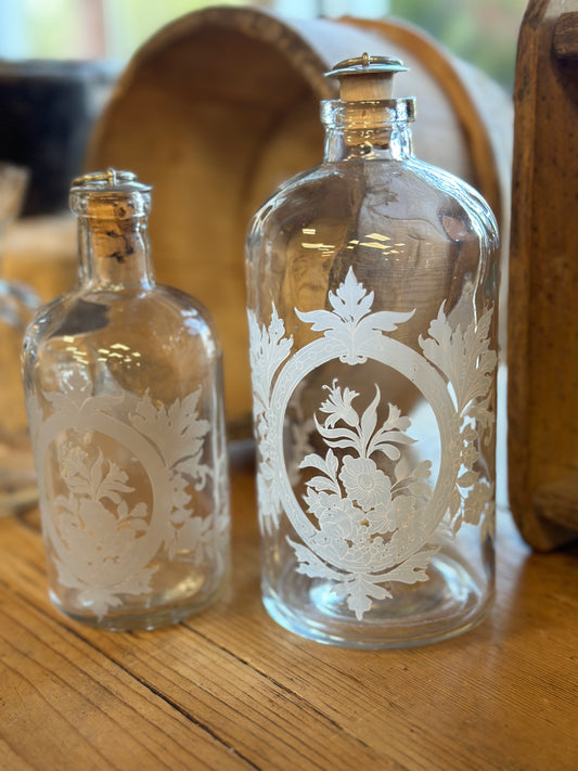 Antique Etched Glass Apothecary Jar Set