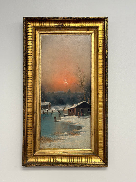 Antique Original Dutch Oil, Winter Iceskating Scene by Nila Christiansen