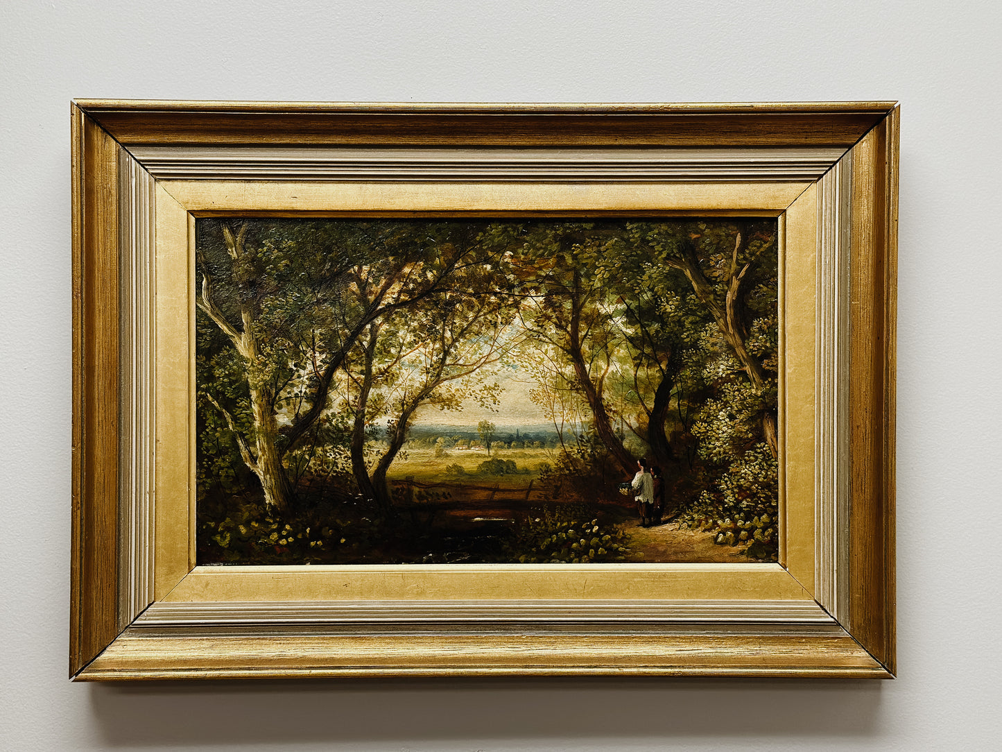 Early 19th Century Original Antique European Oil Painting, Figures in Wooded Landscape