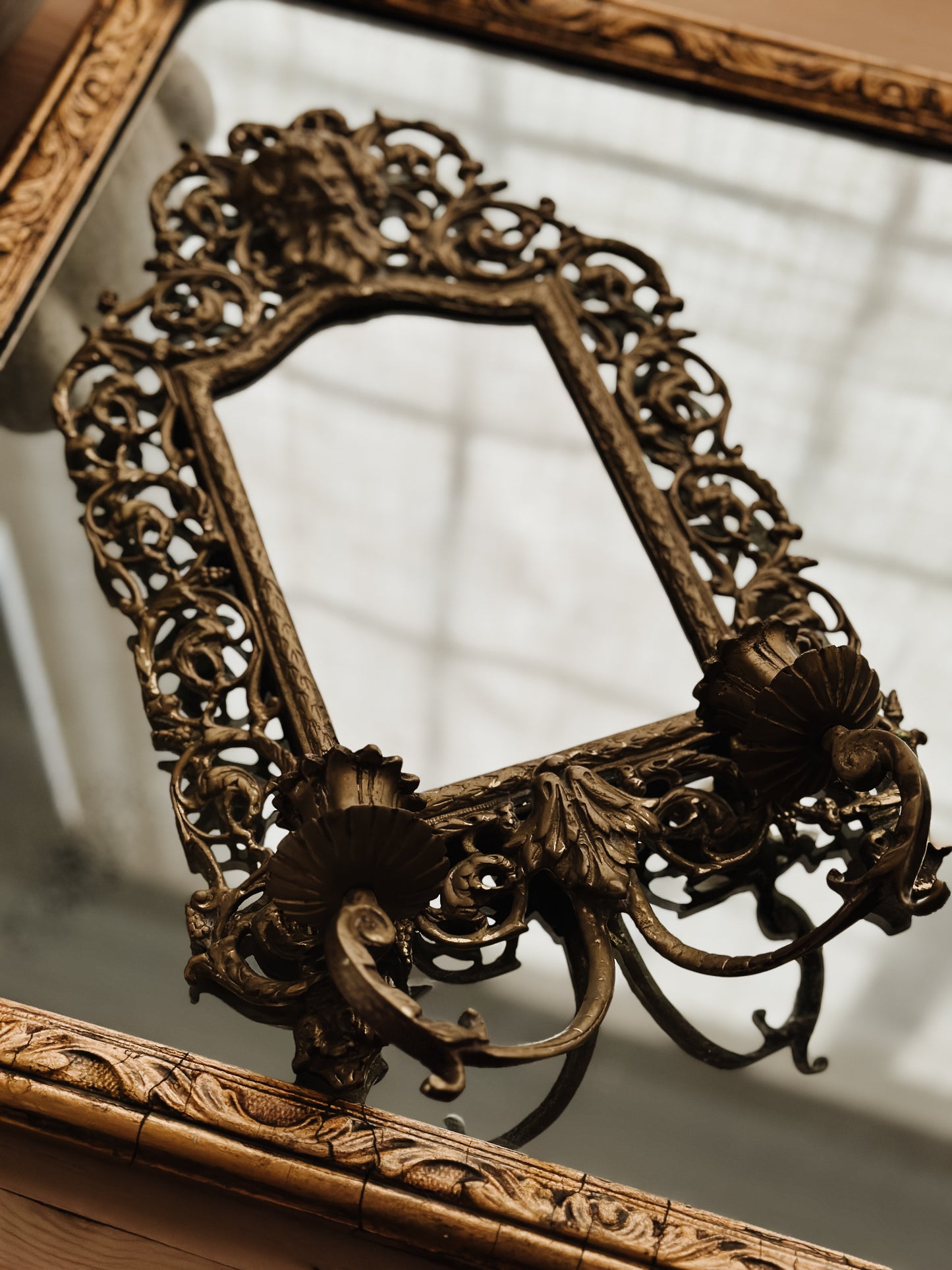 Antique Brass Mirror Wall Scone with Candleholders