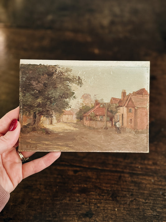 Original Antique Oil Painting on Board, Village Street