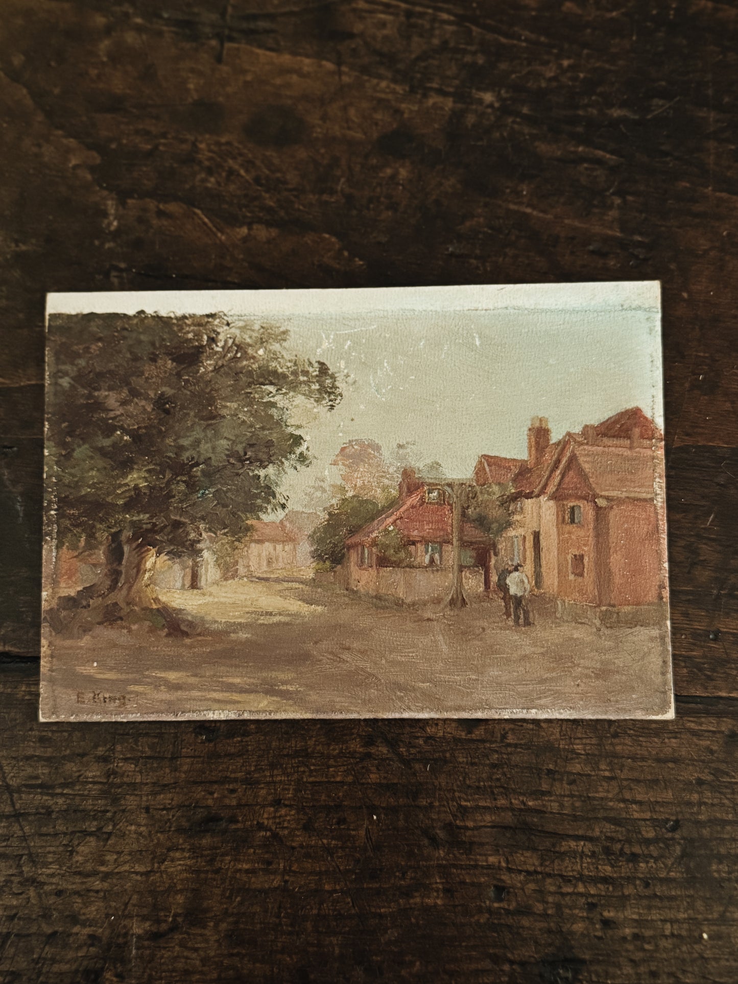 Original Antique Oil Painting on Board, Village Street