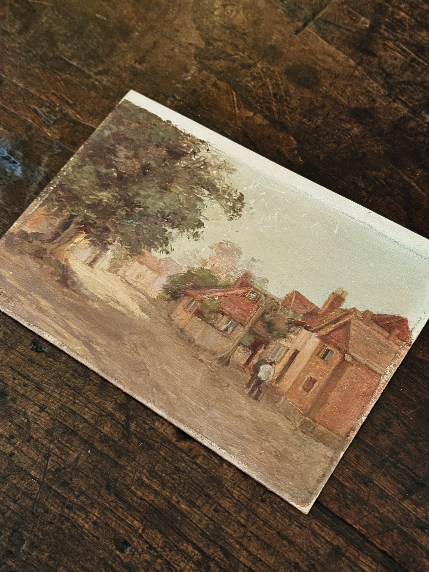 Original Antique Oil Painting on Board, Village Street