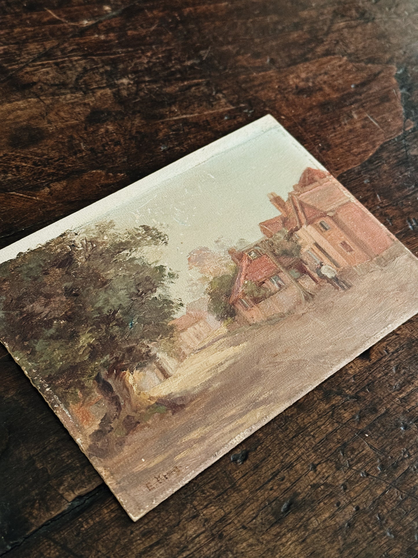 Original Antique Oil Painting on Board, Village Street