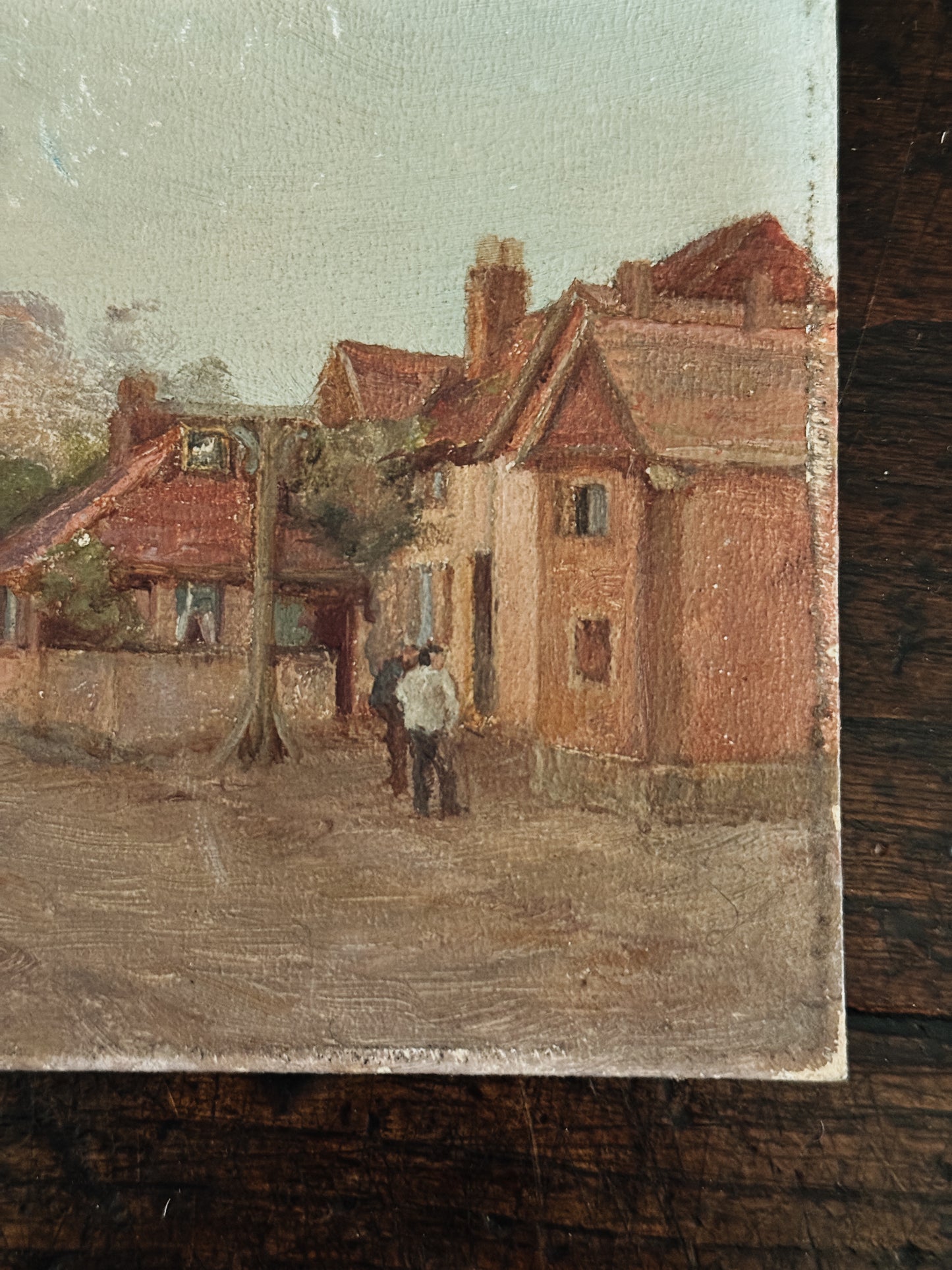 Original Antique Oil Painting on Board, Village Street