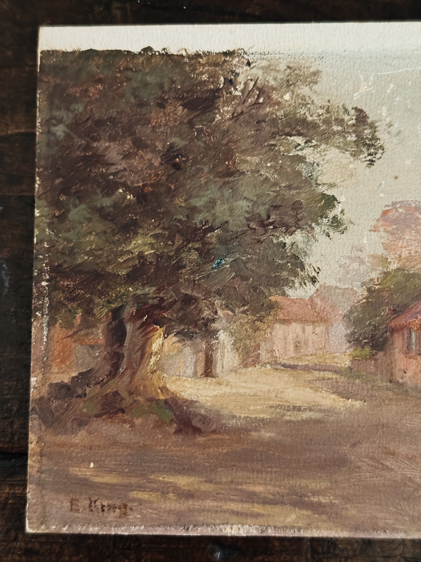 Original Antique Oil Painting on Board, Village Street