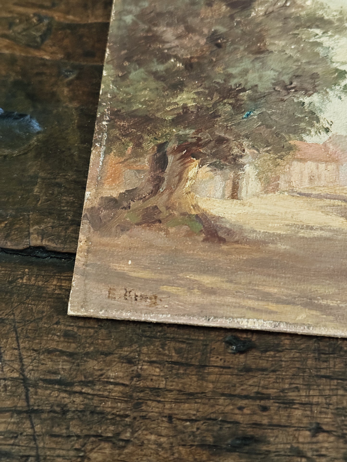 Original Antique Oil Painting on Board, Village Street