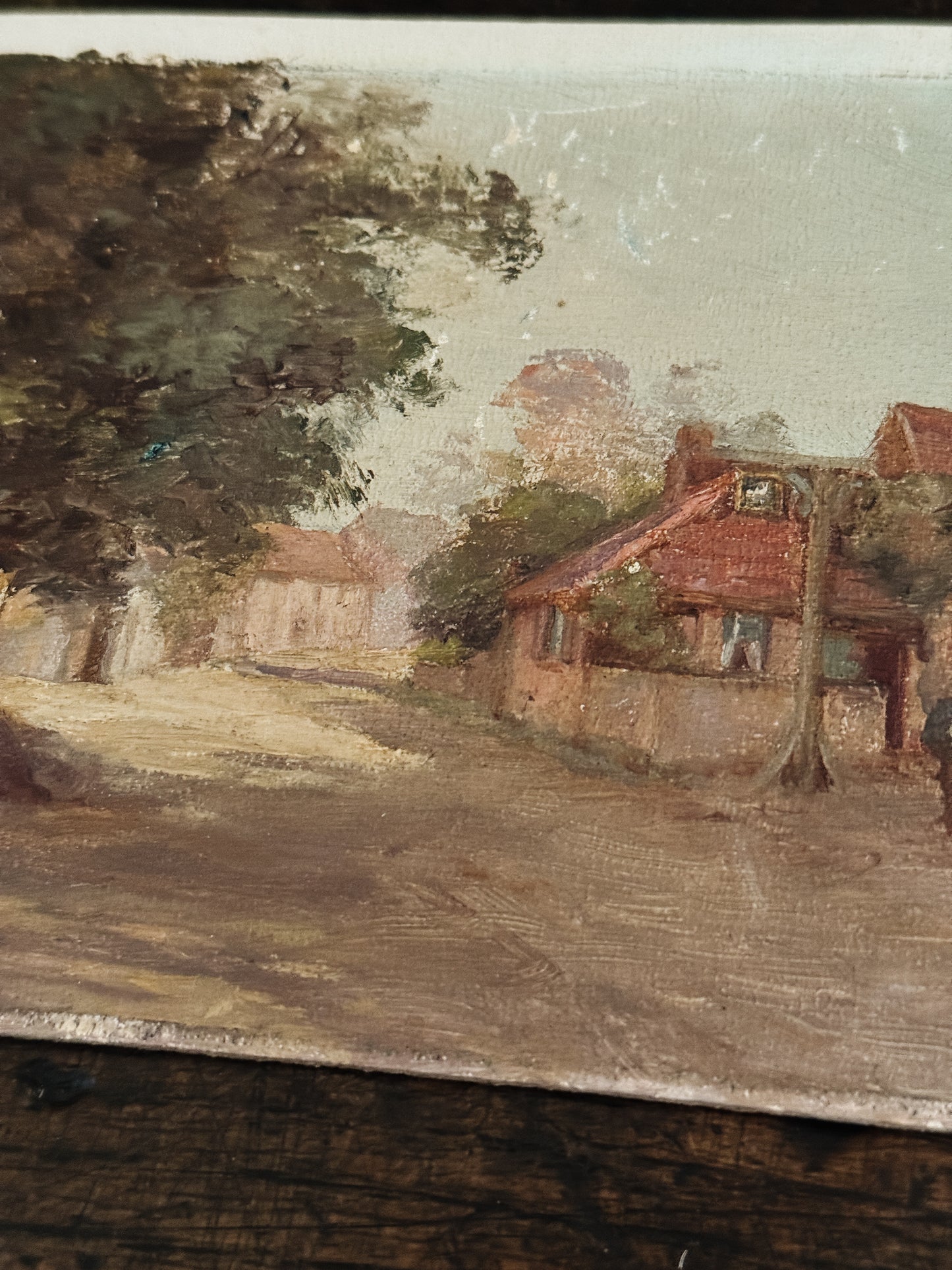 Original Antique Oil Painting on Board, Village Street