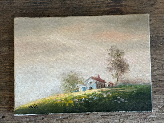 Vintage oil painting on canvas, house on hill