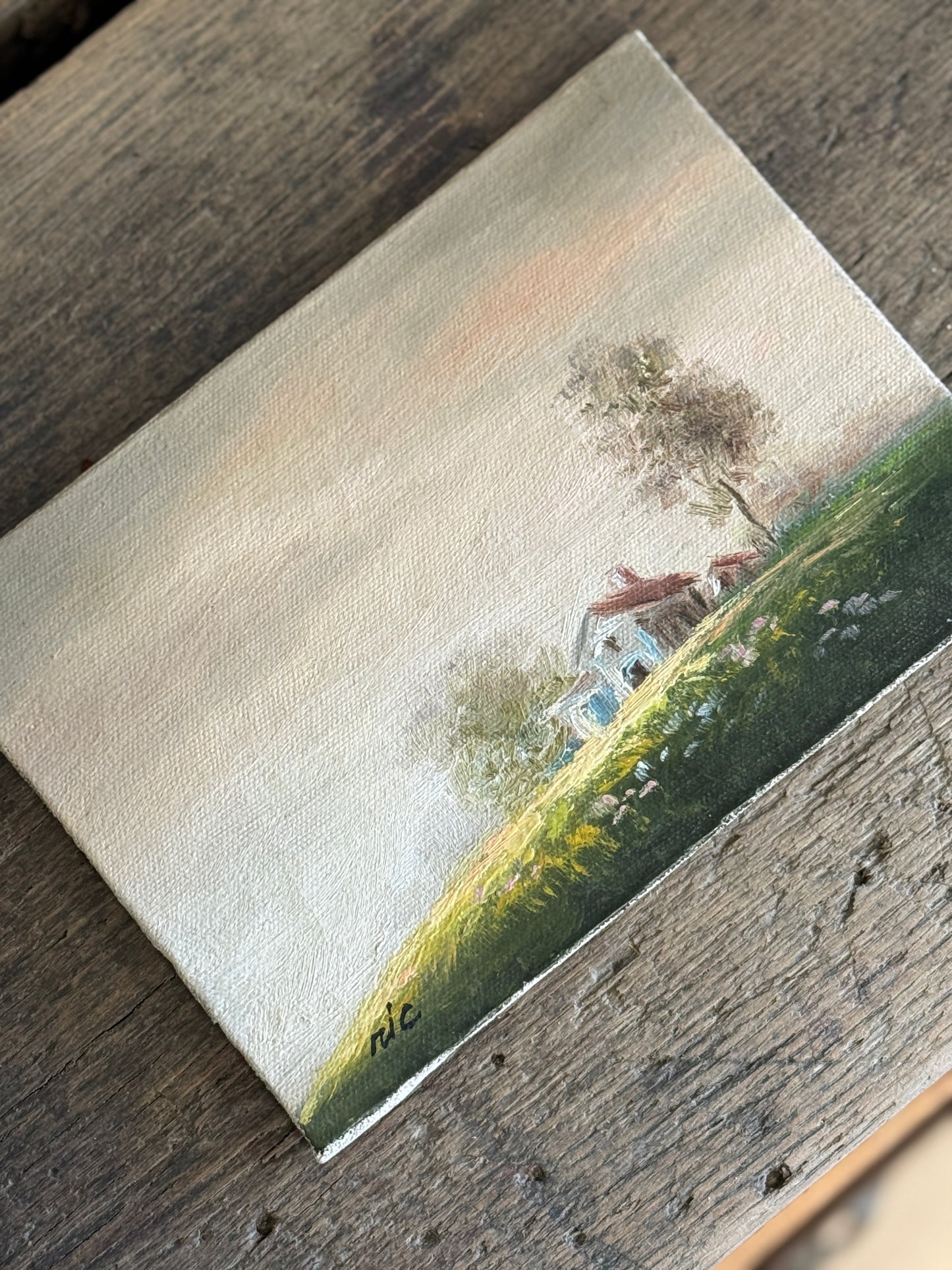 Vintage oil painting on canvas, house on hill